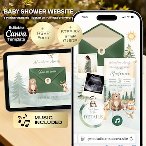 May include: A baby shower website design displayed on a tablet and smartphone. The design features an invitation with a green envelope, woodland animals, and the text "Adventure Awaits." Includes a Canva template, RSVP form, and step-by-step guide.