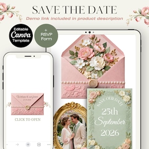 May include: Digital wedding invitation template displayed on a tablet and smartphone. The design features a pink envelope with floral embellishments, a gold frame with a couple, and a card with the date "25th September 2026".