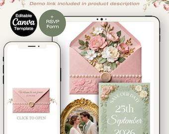 Modello di sito web per matrimoni - Modello di invito digitale floreale Save The Date modificabile Rsvp Canva / Modello di sito web rosa e verde