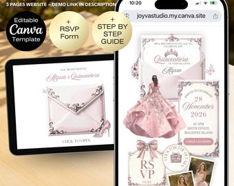 Quinceanera ピンクの RSVP ウェブサイト |ブラッシュ ソフト ピンク マルメロ スイート 16 招待状、編集可能なミス マルメロ アノス 15 歳の誕生日デジタル キンセアニェラ招待状