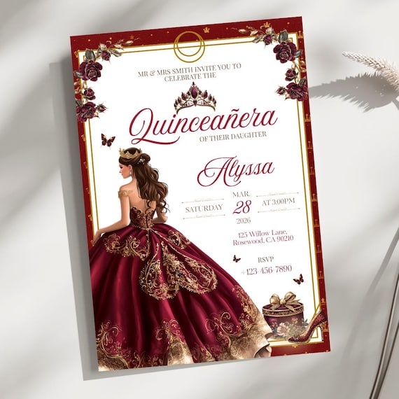 Quinceañera Burgundy Gold  Invitation | Elegant 5x7 Canva Template | Editable Digital Invite | Floral Royal Party Invitation | Sweet 15 16