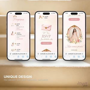 May include: Three smartphones showing wedding invitation designs. The screens display event schedules, RSVP details, and a photo of a woman in a pink dress. The design includes a crown, floral accents, and the text "UNIQUE DESIGN".
