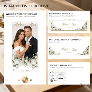 May include: A wedding website template, RSVP form template, and matching banner are shown. The website template features a couple with floral accents and the date 11.08.2026. A step-by-step guide is also included.