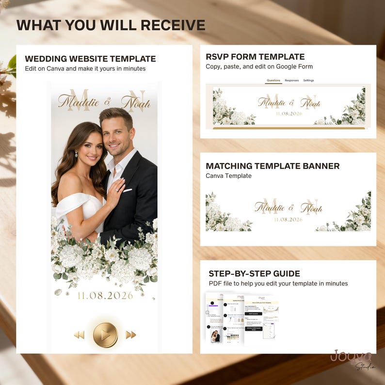May include: A wedding website template, RSVP form template, and matching banner are shown. The website template features a couple with floral accents and the date 11.08.2026. A step-by-step guide is also included.