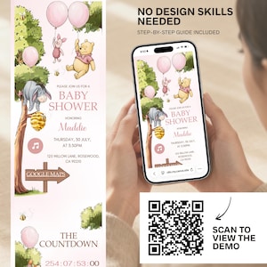 May include: A baby shower invitation featuring Winnie the Pooh characters, pink balloons, and the text "Baby Shower" and "Maddie". The invitation includes the date, time, and location. A smartphone displays the invitation. The image also includes a QR code.