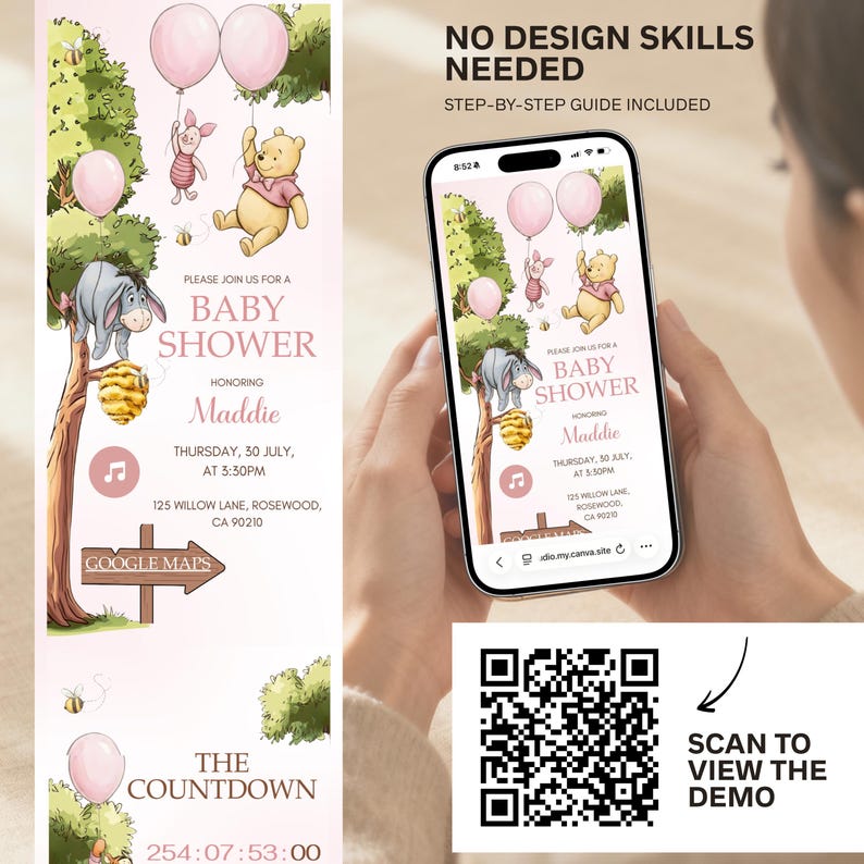 May include: A baby shower invitation featuring Winnie the Pooh characters, pink balloons, and the text "Baby Shower" and "Maddie". The invitation includes the date, time, and location. A smartphone displays the invitation. The image also includes a QR code.