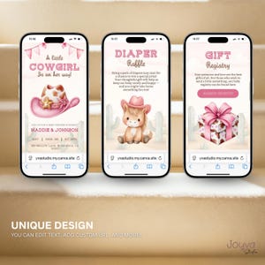 May include: Three smartphones displaying baby shower invitation designs. The first screen reads "A little Cowgirl is on her way!" with a pink cowboy hat. The second screen says "Diaper Raffle" with a cartoon horse. The third screen says "Gift Registry" with a gift box.