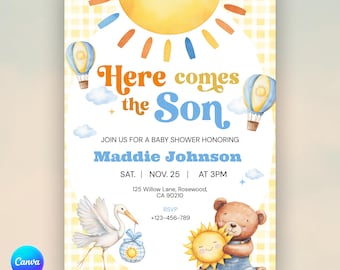 Here Comes the Son Baby Shower Invitation, Here Comes the Son Baby Shower, Sunshine Baby shower, Sun Baby Shower, Boy Baby shower Template
