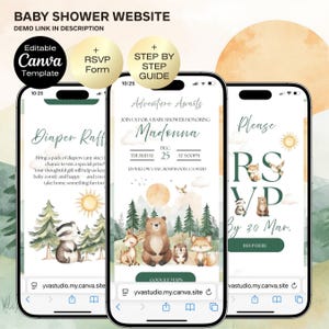 May include: Three smartphones displaying a baby shower website template. The screens show invitation details, RSVP information, and a diaper raffle. The design features woodland animals, trees, and a sun illustration. Text includes "Baby Shower Website" and "Editable Canva Template."
