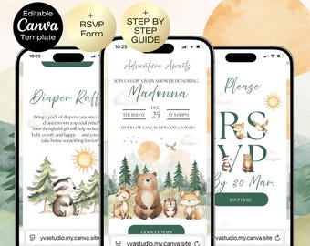 Woodland Baby Shower Invitation Website with RSVP, Woodland Adventure Awaits, woodland animals invitation, Forest Baby shower invite