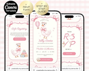 Dumme Gans Babyparty Einladung Website mit Antwortkarten | Mädchen-kokette rosa Bogen-Gans | Babyparty einladen, Gans-Thema | Digitaler Download