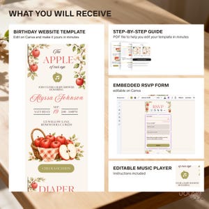 May include: A digital baby shower invitation template featuring apple illustrations, a wicker basket, and text including The Apple of our eye, Alyssa Johnson, and event details. Includes a step-by-step PDF guide, an embedded RSVP form, and a music player.