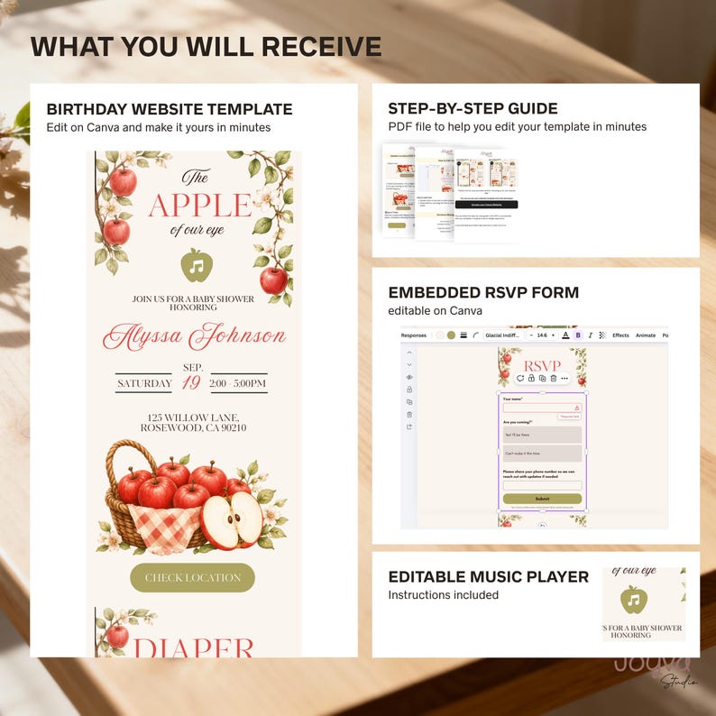 May include: A digital baby shower invitation template featuring apple illustrations, a wicker basket, and text including The Apple of our eye, Alyssa Johnson, and event details. Includes a step-by-step PDF guide, an embedded RSVP form, and a music player.