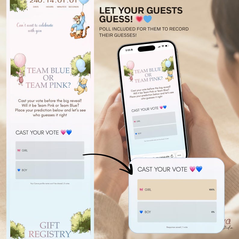 May include: A digital gender reveal announcement with the text "Team Blue or Team Pink?" and "Cast Your Vote" with pink and blue hearts. The announcement includes a poll for guests to guess the baby's gender.