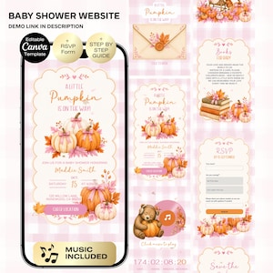 May include: A digital baby shower website template featuring a pink gingham background, watercolor pumpkin illustrations, and autumn leaves. The design includes text such as A Little Pumpkin Is On The Way, RSVP forms, and music player icons.