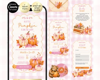 A Little Pumpkin Is On The Way Baby Shower Website Invitation | Girl Pink Bow Baby Shower Invite | Editable Canva Website with RSVP