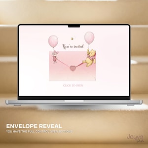 May include: A laptop screen shows a digital invitation featuring Winnie the Pooh and Piglet with balloons. The words "You're invited" are displayed above the characters. Below, it says "Click to Open". The bottom of the screen reads "Envelope Reveal".