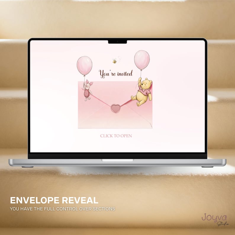 May include: A laptop screen shows a digital invitation featuring Winnie the Pooh and Piglet with balloons. The words "You're invited" are displayed above the characters. Below, it says "Click to Open". The bottom of the screen reads "Envelope Reveal".