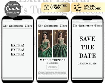 Quinceanera Save The Date Newspaper Video | Canva Template | Quinceañera invitation | Quince Newspaper with Music | Sweet 15 16 Invite
