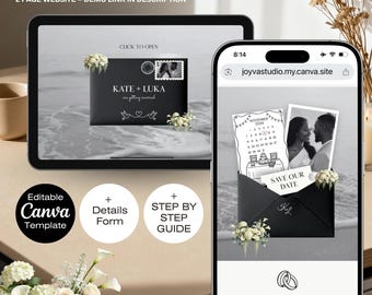 May include: A digital save the date template displayed on a tablet and a smartphone. The tablet shows a black envelope design with the names "KATE + LUKA" and the text "are getting married". The smartphone displays a website with a calendar and a photo.