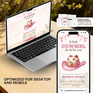 May include: A laptop and smartphone display a baby shower invitation design. The invitation features a pink cowboy hat and the text "A little Cowgirl is on her way!". The design is optimized for both desktop and mobile use.