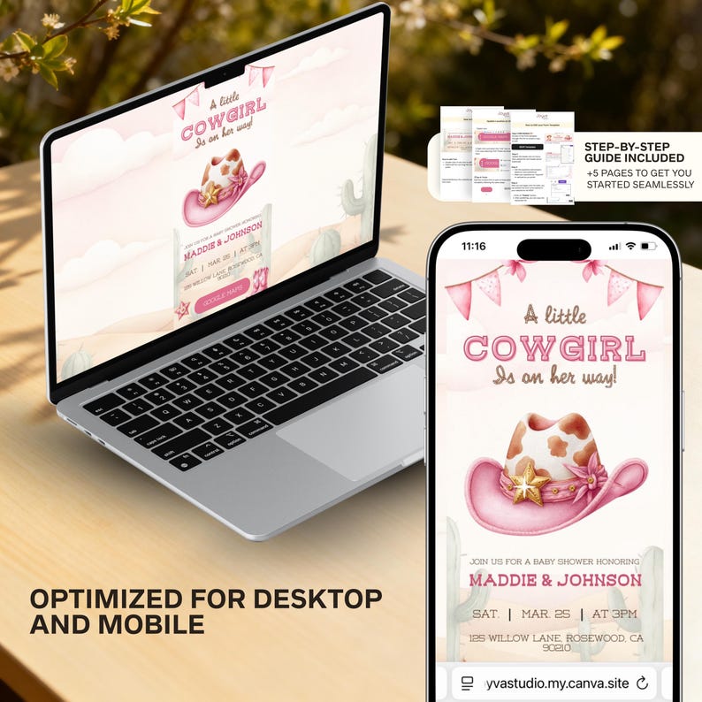 May include: A laptop and smartphone display a baby shower invitation design. The invitation features a pink cowboy hat and the text "A little Cowgirl is on her way!". The design is optimized for both desktop and mobile use.