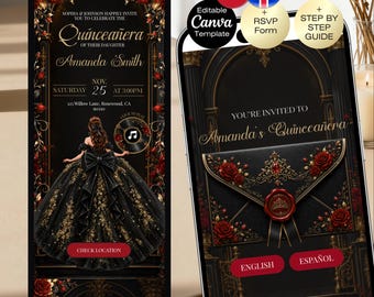 Quinceañera Invitation with RSVP Black Red | Sweet 16 Website RSVP & Countdown, 15th Birthday English Spanish Black Red Gold Royal