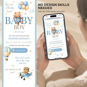 May include: A baby shower invitation with a blue and gold color scheme. The invitation features a teddy bear holding balloons, the words "Baby Boy," and details for the event, including the honoree's name, date, time, and location.