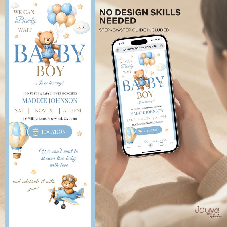 May include: A baby shower invitation with a blue and gold color scheme. The invitation features a teddy bear holding balloons, the words "Baby Boy," and details for the event, including the honoree's name, date, time, and location.