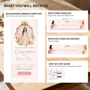 May include: A digital template pack for a Quincea&ntilde;era celebration, including a website template, RSVP form, matching banner, and a step-by-step guide. The website template features a young woman in a pink gown. The package includes the text "Quincea&ntilde;era" and "Maddie Johnson".