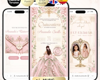 Blush Pink Sage Green Quinceañera Invitation with RSVP | Sweet 16 Website RSVP & Countdown, 15th Birthday English Spanish Pink Royal