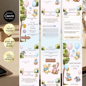 May include: A Canva template for a gender reveal party, featuring Winnie the Pooh characters. The design includes "He or She" graphics, RSVP details, and a countdown timer. The invitation is decorated with balloons and a "Save the Date" message.