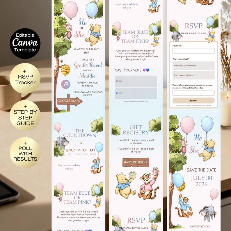 May include: A Canva template for a gender reveal party, featuring Winnie the Pooh characters. The design includes "He or She" graphics, RSVP details, and a countdown timer. The invitation is decorated with balloons and a "Save the Date" message.