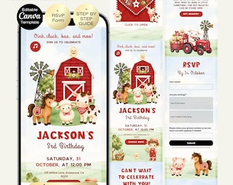 Farm Birthday Invitation website with RSVP | Barnyard Animals Birthday Party | Red Farm First birthday invitation Canva | Cute Farm