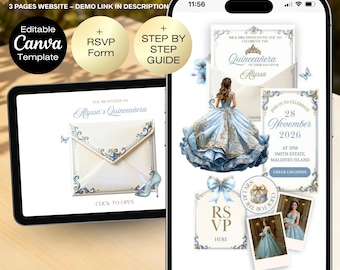 Invitación digital para quinceañera en azul bebé, con confirmación de asistencia en línea. Invitación editable para el 15.º cumpleaños.