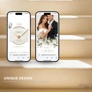 May include: Two smartphones displaying wedding invitation designs. One shows an RSVP card with gold accents, the other a photo of a couple with the date 11.08.2026. The text "UNIQUE DESIGN" is visible at the bottom.