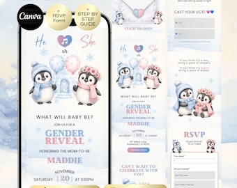 Penguin Gender Reveal Invitation Website with RSVP | He or She | Winter Invitation Theme | Digital Penguin Gender Reveal | Boy or Girl