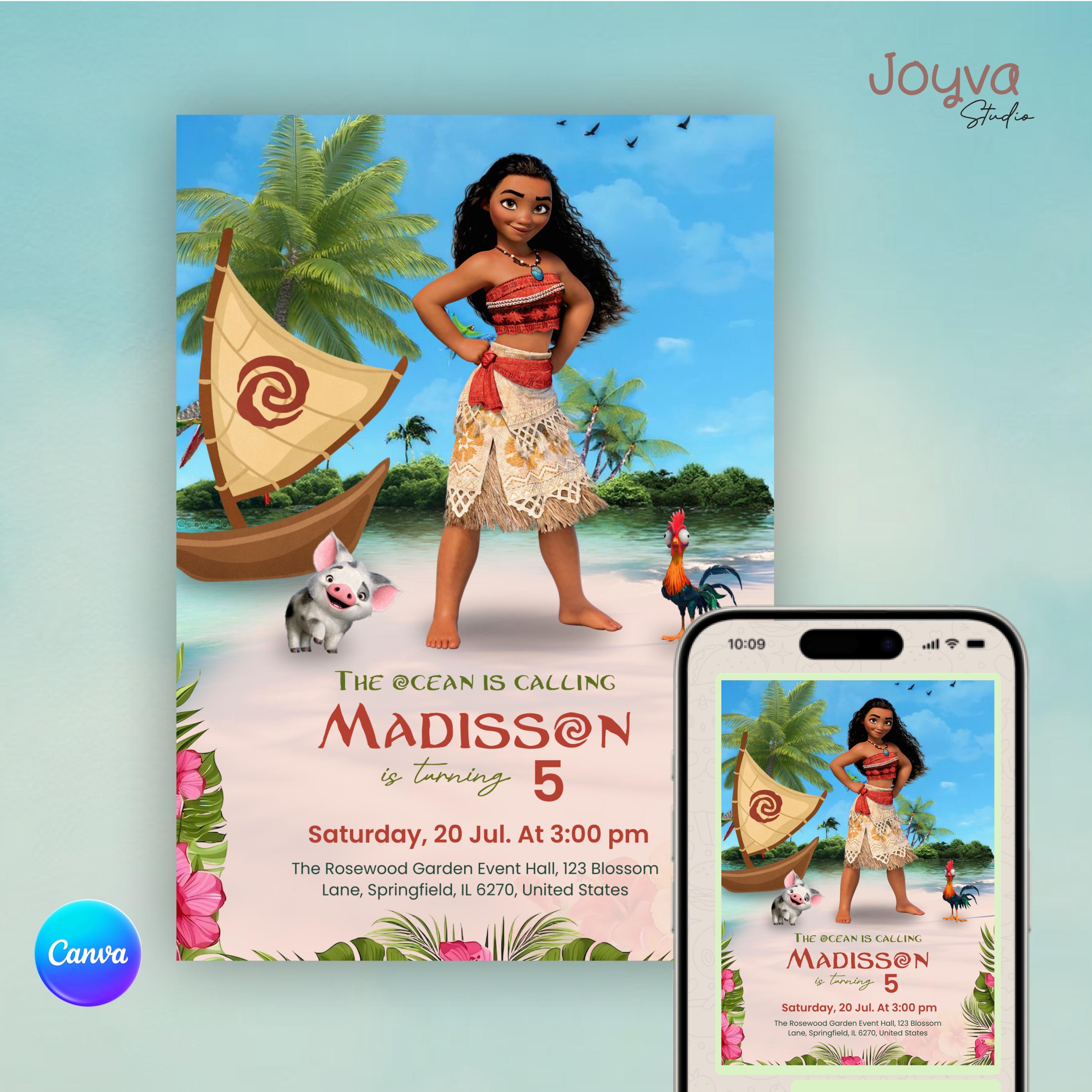 Moana Birthday Invitation for Girl | Editable Canva Template | Ocean Tropical Luau Party Invite | 5x7 Digital Download Printable