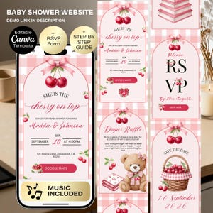 May include: A baby shower website template with a cherry theme. The design includes a smartphone displaying the invitation details: "She is the cherry on top" for Maddie & Johnson, September 10 at 4:00 PM. Additional elements include RSVP and diaper raffle details.
