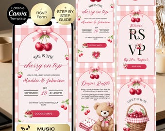 Cherry on top Baby Shower Invitation website + RSVP | Cherry Baby Shower | Pink Bow baby shower | Coquette Girl Baby Shower digital invite