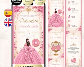 Pink Quinceañera Invitation with RSVP | Sweet 16 Website RSVP & Countdown, 15th Birthday English Spanish Pink Royal Mis 15 anos