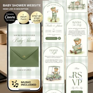 May include: A baby shower website template displayed on a smartphone. The design features a green and white theme with golf-themed illustrations of teddy bears. The text includes "Baby Shower Website," "RSVP," and "Music Included."