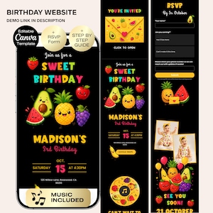 May include: An editable Canva birthday website template featuring a black background with colorful fruit illustrations including strawberries, pineapples, avocados, grapes, and watermelon. The text includes Join us for a SWEET BIRTHDAY, MADISON'S 3rd BIRTHDAY, and RSVP details.
