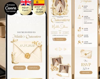 Quinceañera Invitation with RSVP | Sweet 16 Website Editable Trackable RSVP & Countdown, Ivory gold English Spanish Western Charro Invite