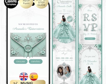 Quinceañera Invitation with RSVP Teal | Sweet 16 Website RSVP & Countdown, 15th Birthday English Spanish Icy Mint green Silver