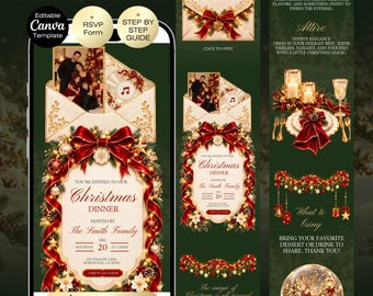 Christmas Dinner Party Website Invitation | Animated Canva Template | Family & Office Holiday Party with RSVP, Music, Photo Red Gold Bows