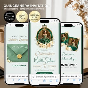 May include: Three smartphones displaying a quinceañera invitation. The design features a green and gold color scheme with floral accents. The invitation includes event details and a photo of a young woman in a green gown.