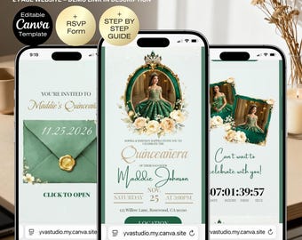 Modelo de site para convite de Quinceañera verde esmeralda | Modelo editável para festa de 15 anos (16 anos) no Canva | Site digital para Quinceañera | Confirmação de presença