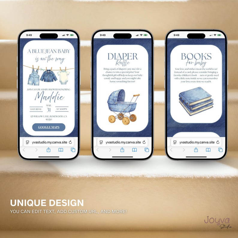 May include: Three smartphones displaying baby shower invitation designs. The first phone shows a blue jean baby theme with text. The second phone shows a diaper raffle theme. The third phone shows a books for baby theme.
