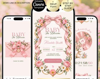 Baby in Bloom Baby shower Invitation website with RSVP | Pink Fairytale Baby shower | Girl Floral Spring Summer baby | Butterfly baby shower